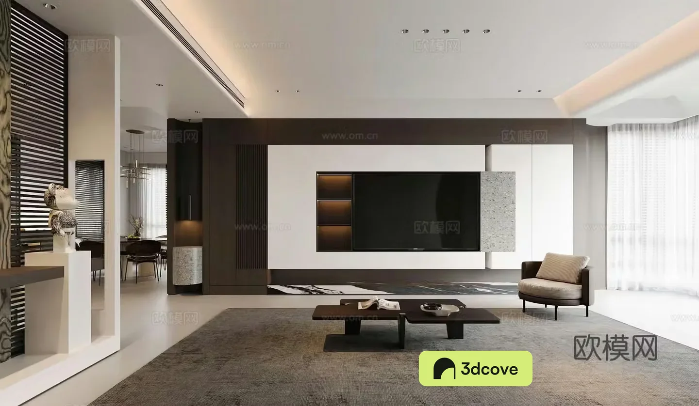 Modern living room TV background wall Italian leisure chair round dining table entrance wall