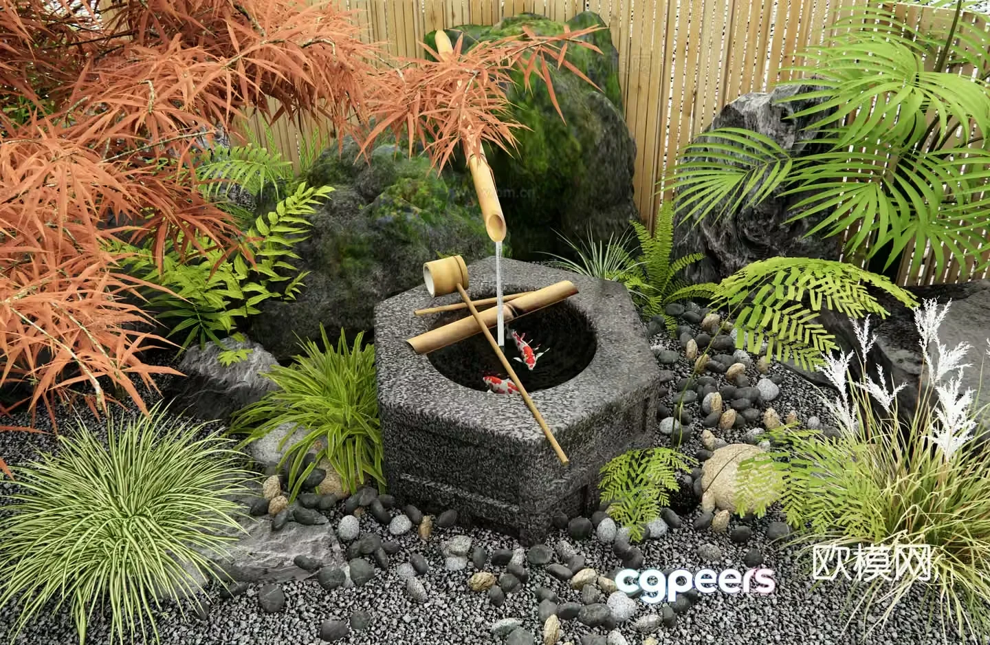 Japanese waterscape water bowl flowing water ornament stone mortar waterscape courtyard landscaping courtyard waterscape stone 3d model