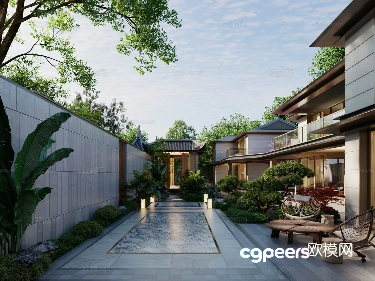 New Chinese style villa courtyard landscape courtyard villa courtyard 3d model