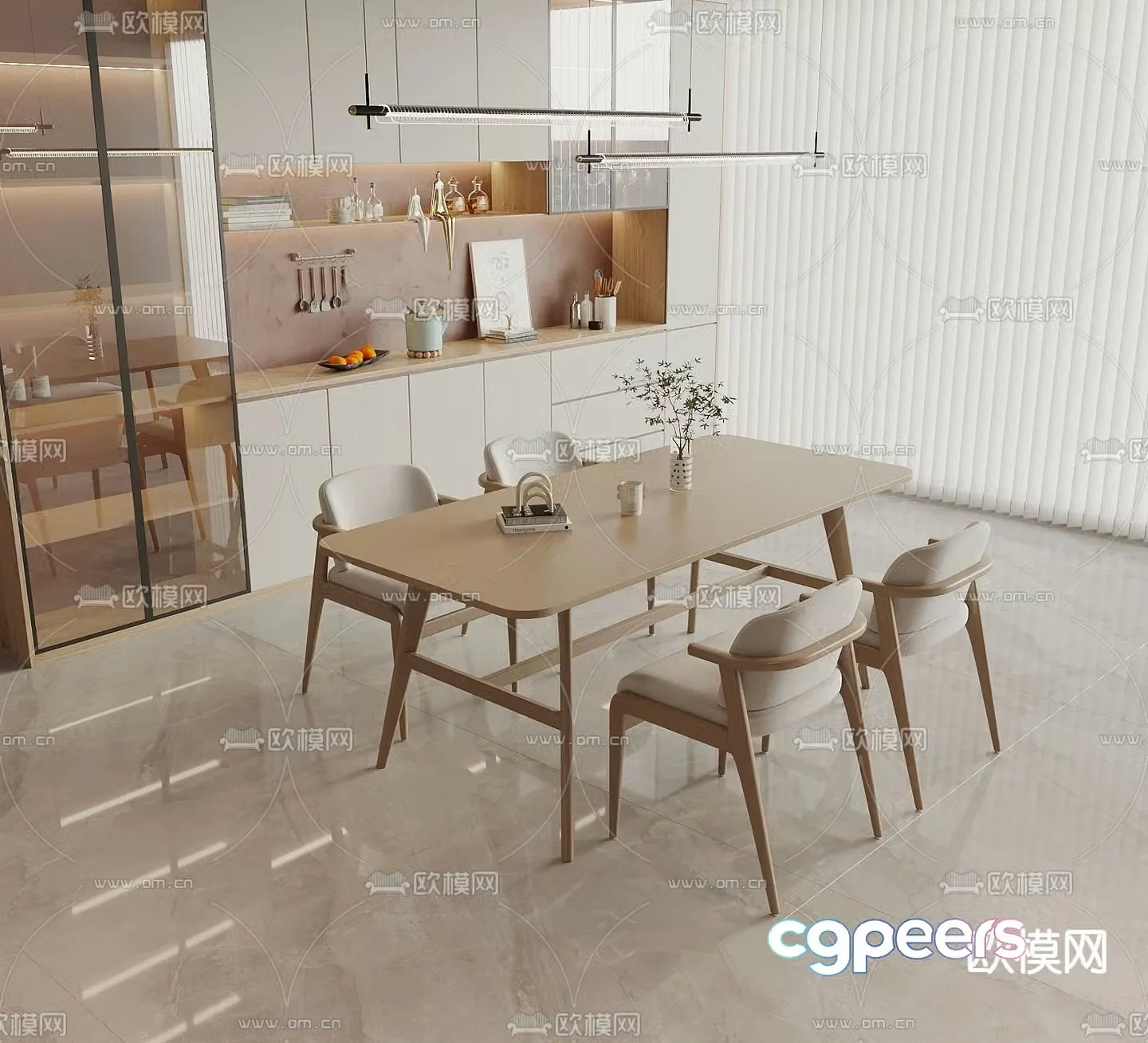 Nordic dining table and chairs solid wood dining table 3d model