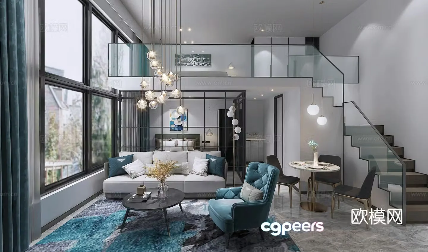Modern duplex living room sofa coffee table painting chandeliers objects ornaments 3D model