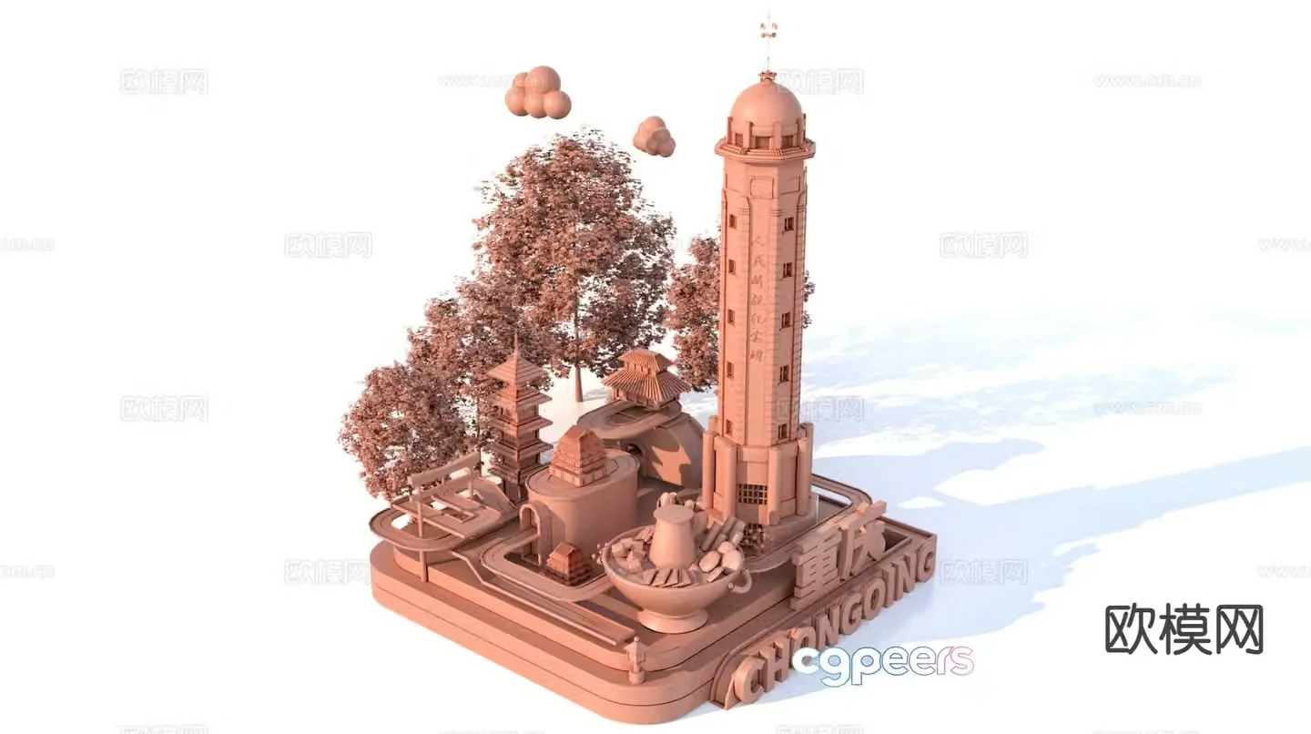 3D model of characteristic urban ancient buildings and scenic sculptures