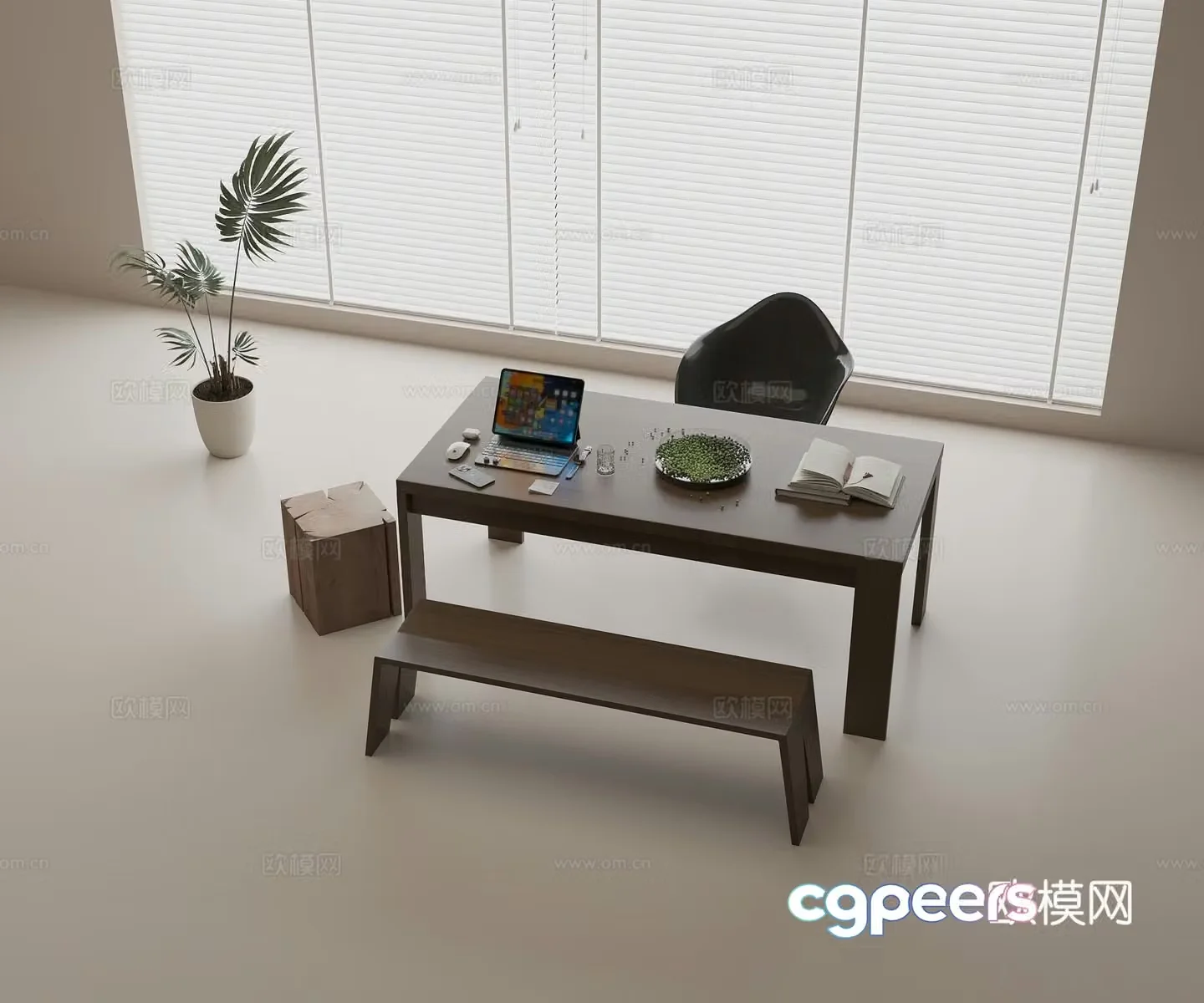 Solid wood desk Solid wood long table Solid wood bench Solid wood square stool Casual single chair Laptop 3D model