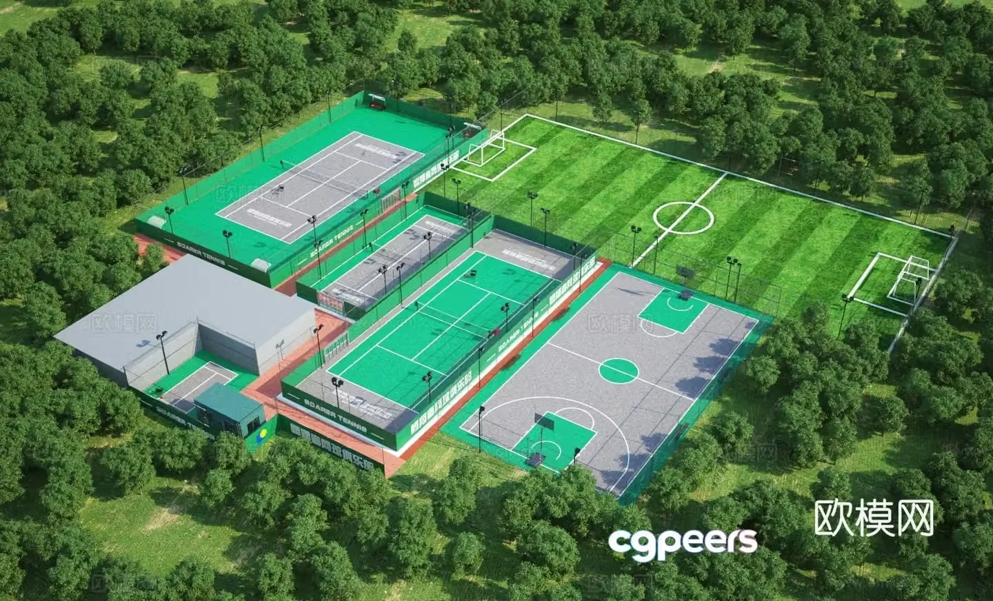 Modern badminton court tennis court basketball court football field aerial view 3d model