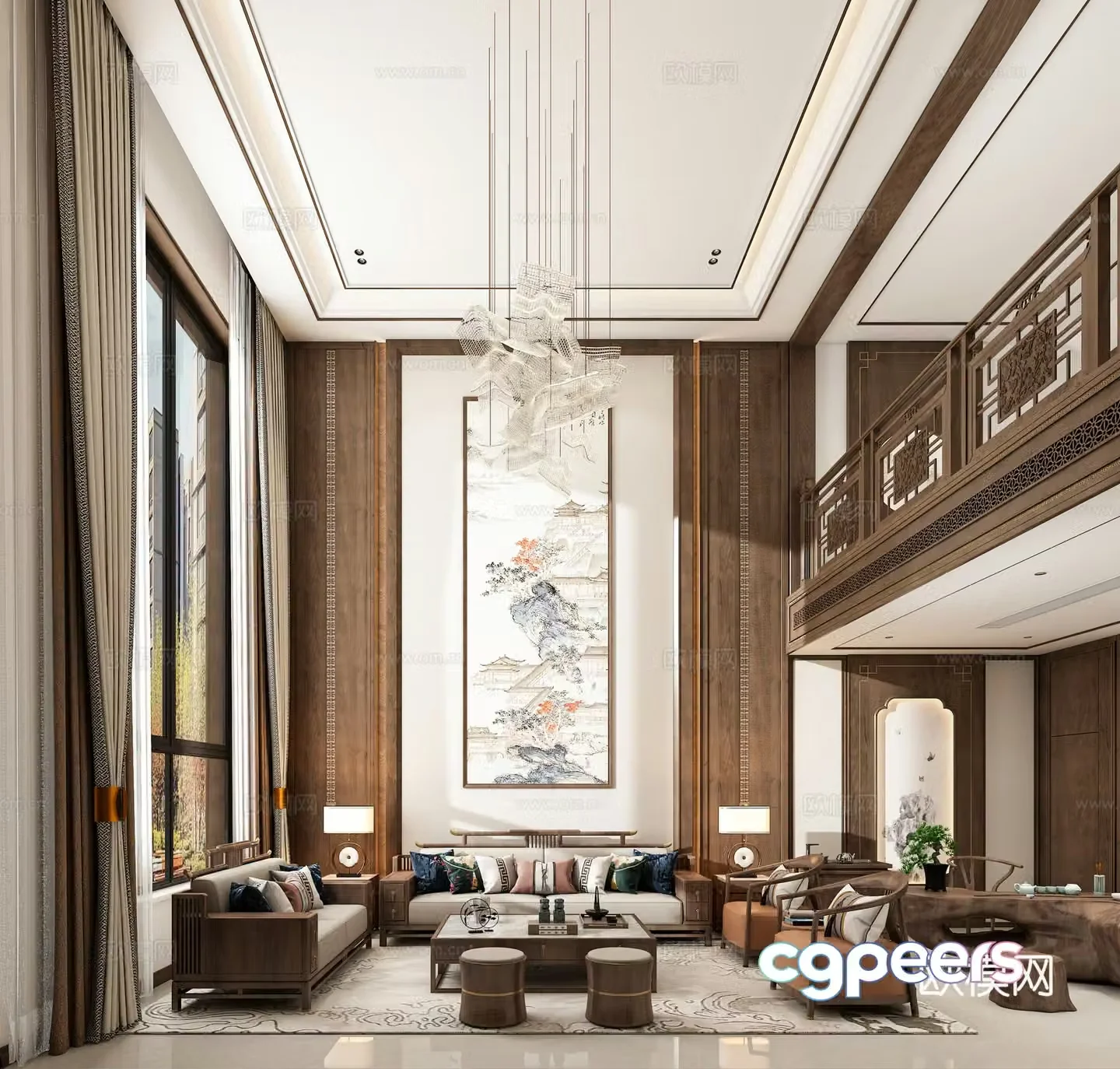 New Chinese style villa lobby villa living room 3D model