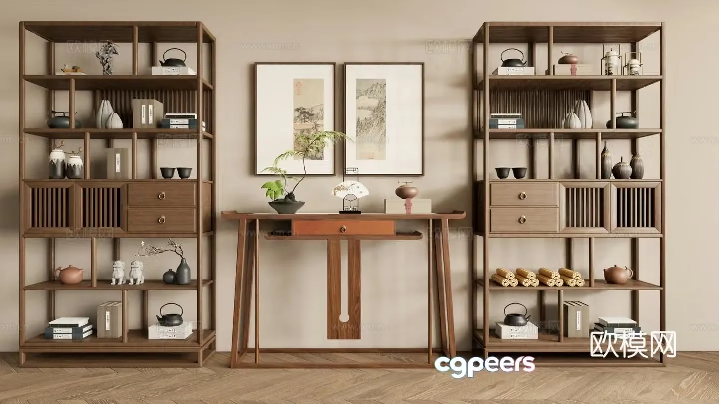 New Chinese style Zen book rack solid wood strip 3D model
