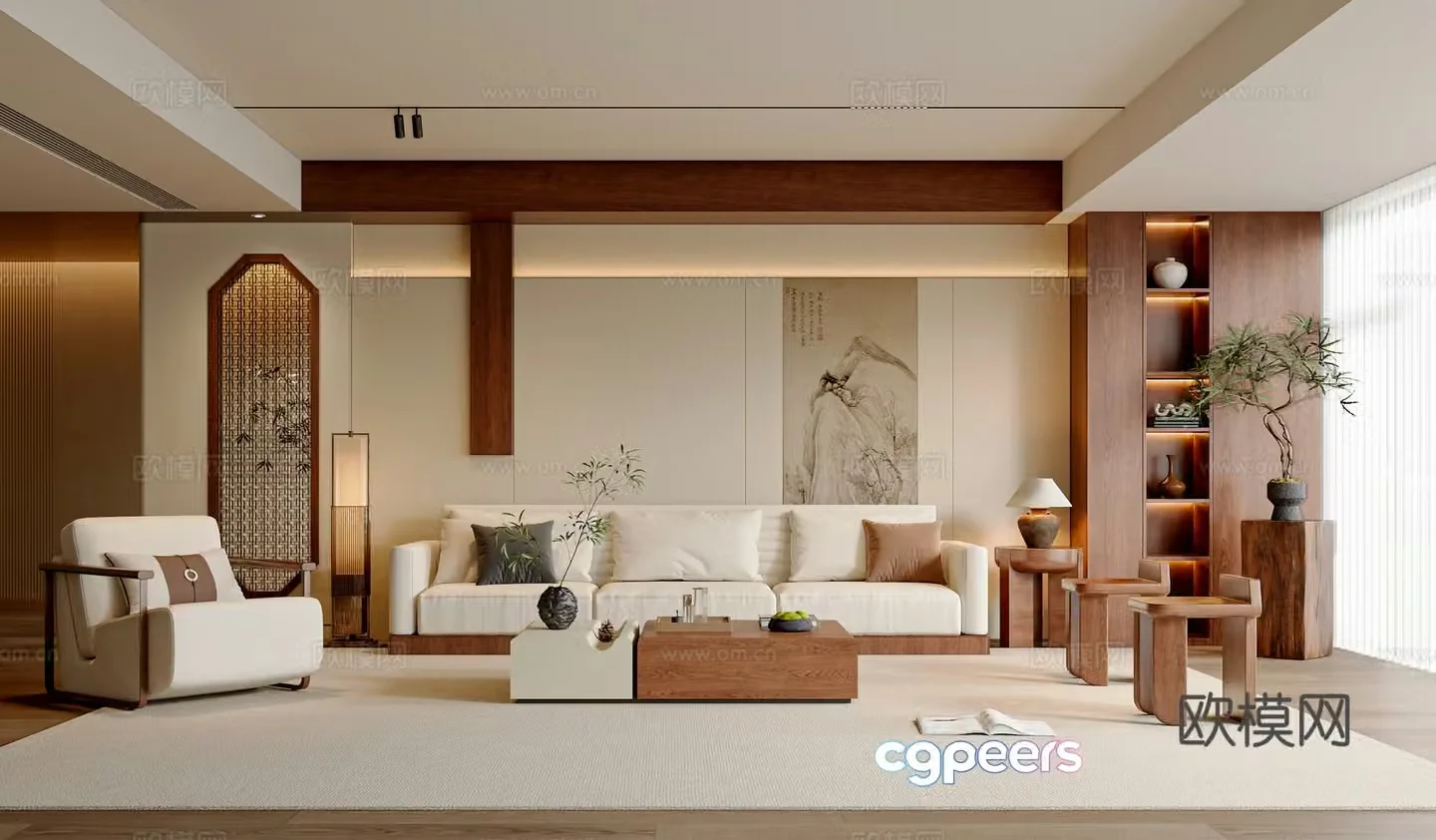 New Chinese style Song style living room sofa and coffee table combination leisure chair pier new Chinese style background wall 3D model