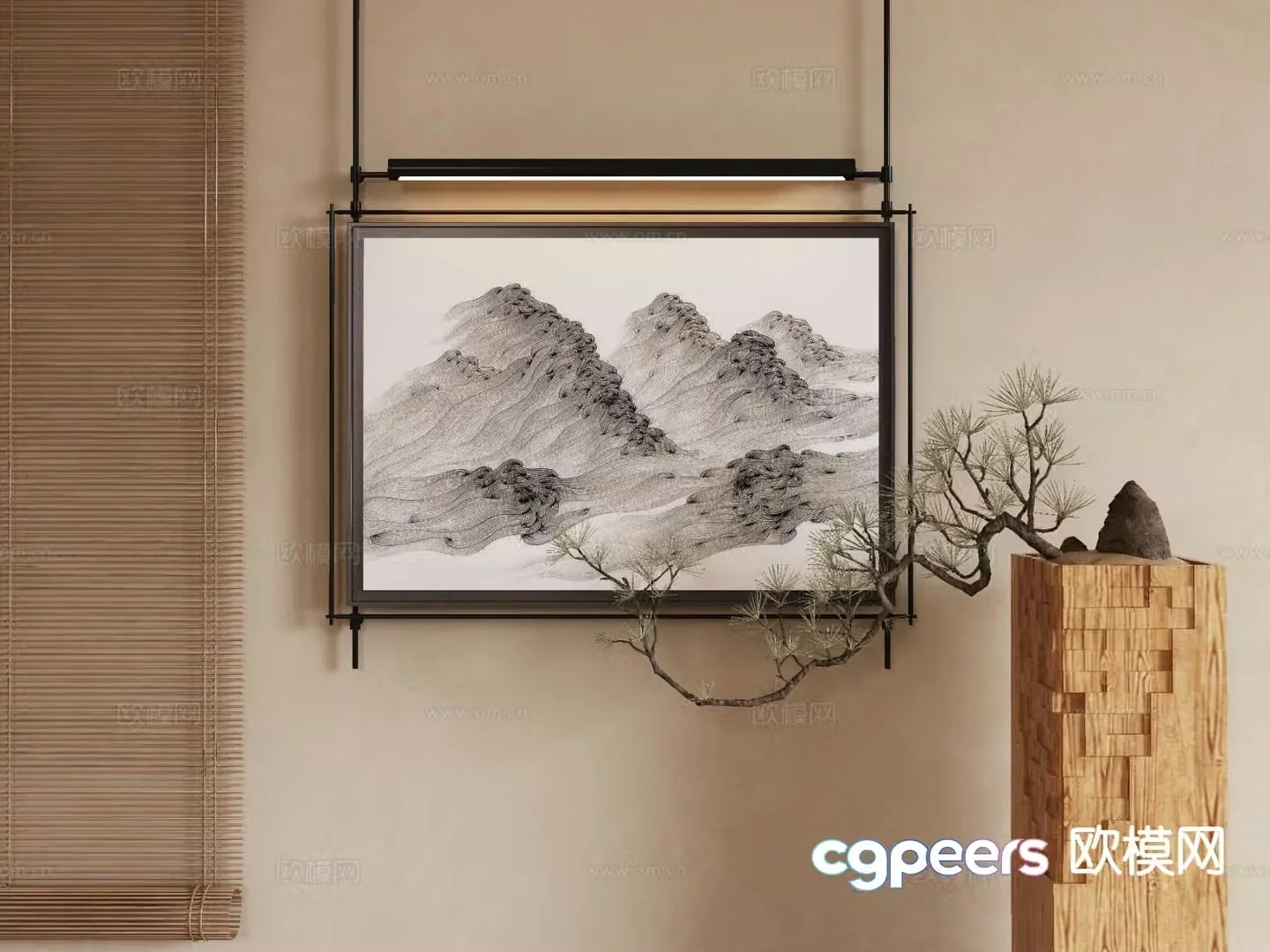 New Chinese style decorative painting Zen hanging painting Metal rod hanging painting 3D model