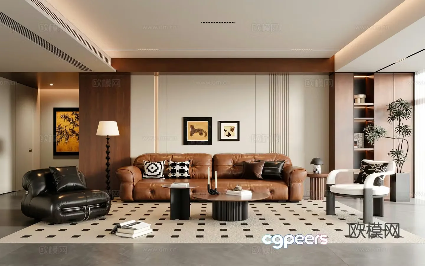 Modern medieval living room sofa coffee table multi-person sofa leisure chair floor lamp painting floor 3D model