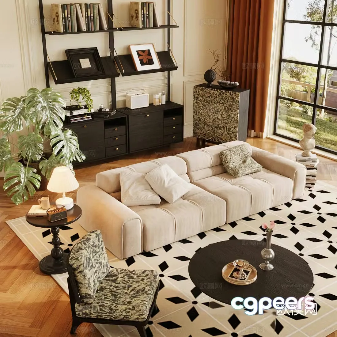 Medium-old sofa combination retro style living room living room sofa coffee table combination medium-old multi-person sofa 3D model