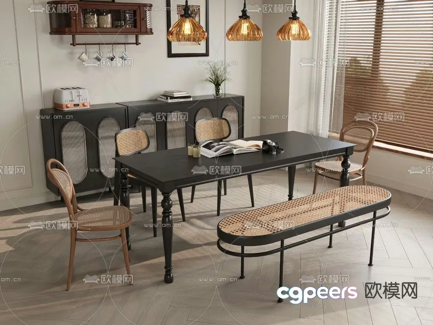 French dining table and chairs bar dining table 3d model