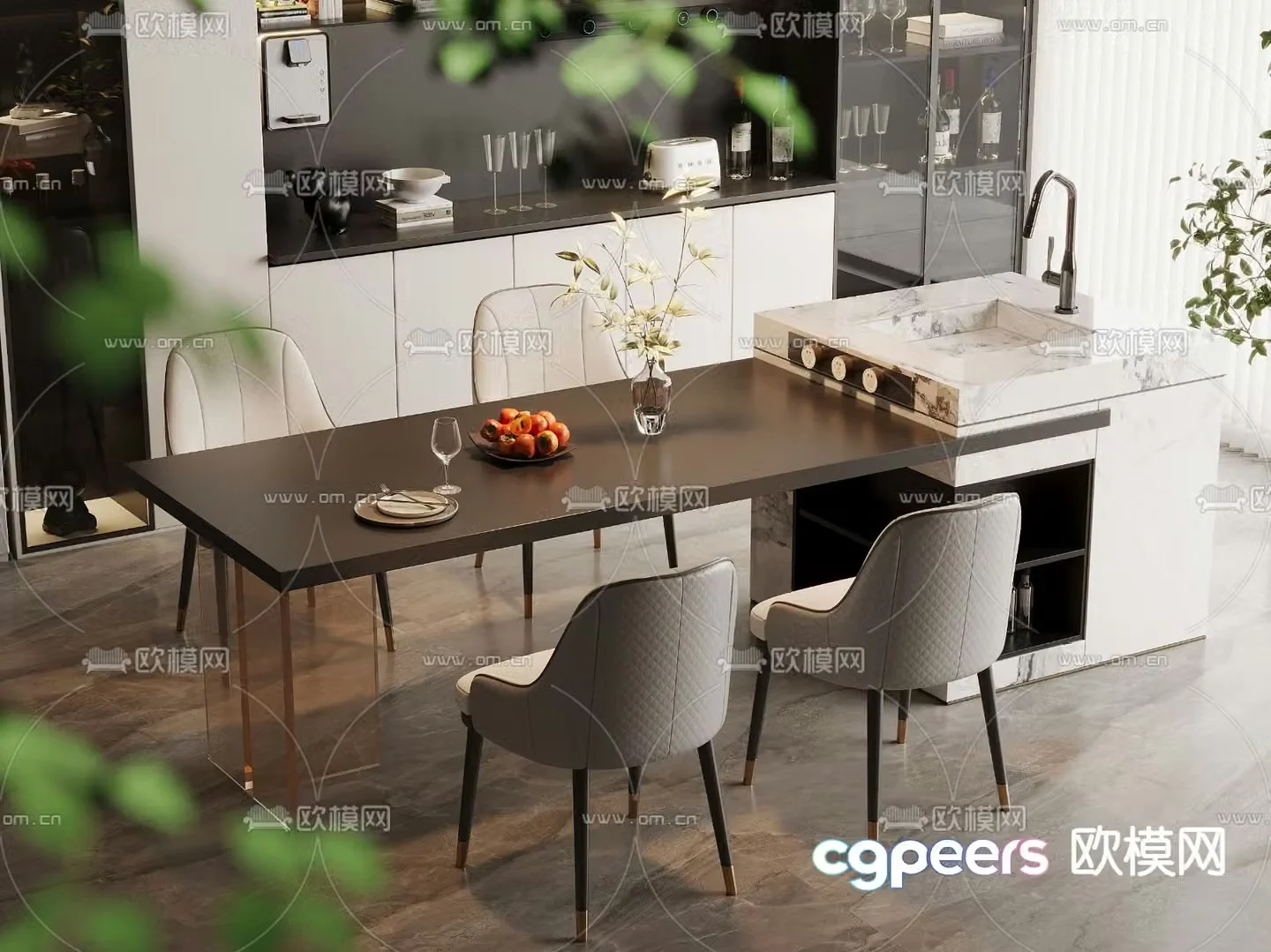 Modern dining table and chairs island table 3d model
