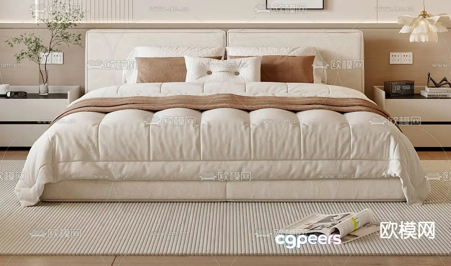 Cream style double bed 3d model