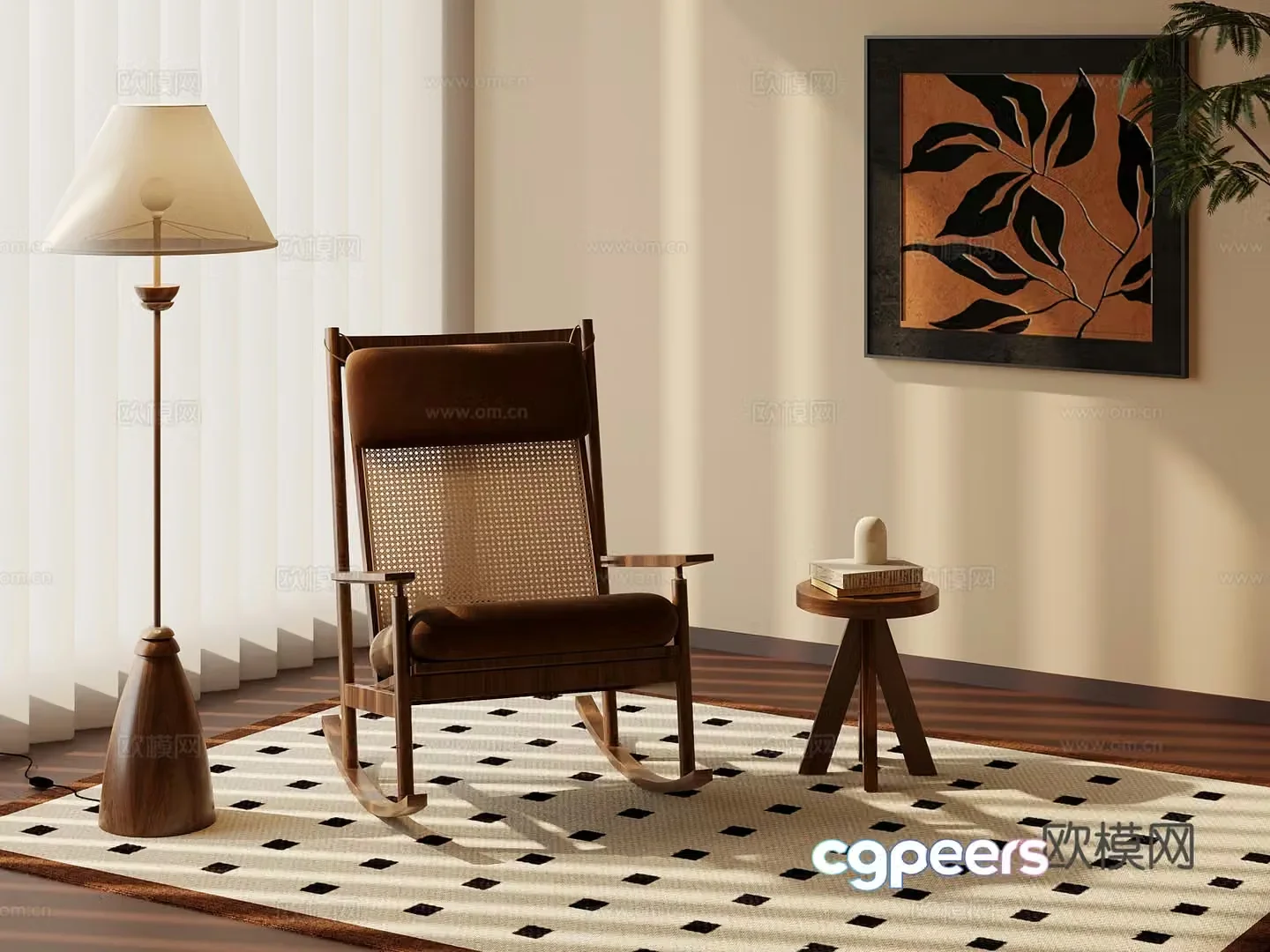 Rocking chair medieval style rocking chair floor lamp side table decorative hanging painting 3D model