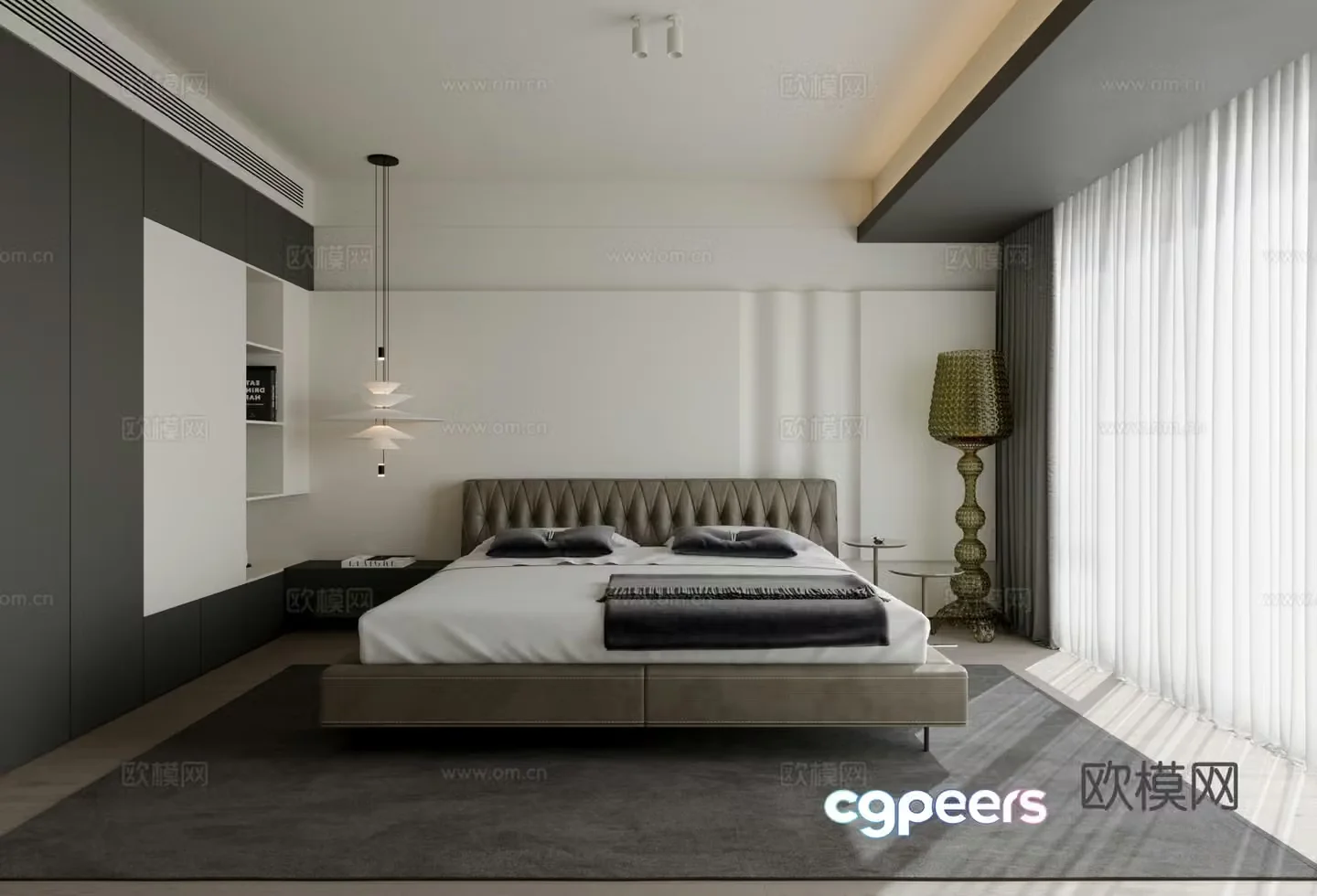 Modern bedroom bed carpet chandelier TV 3d model