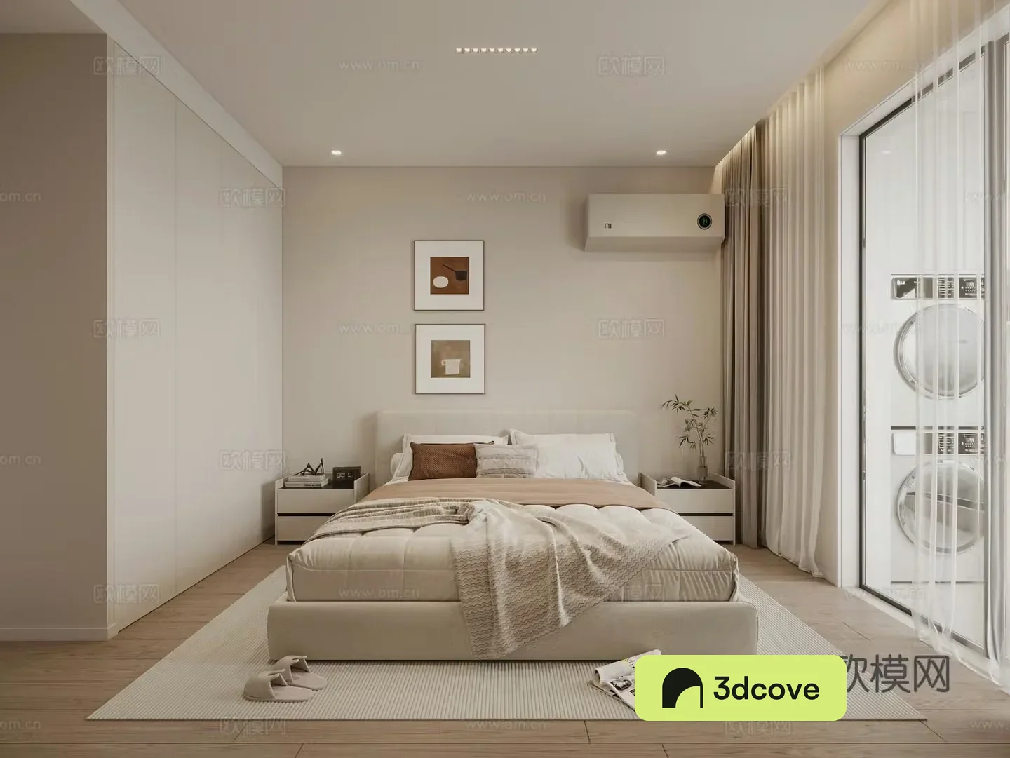 Modern creamy bedroom double bed nightstand air conditioner curtains carpet hanging paintings