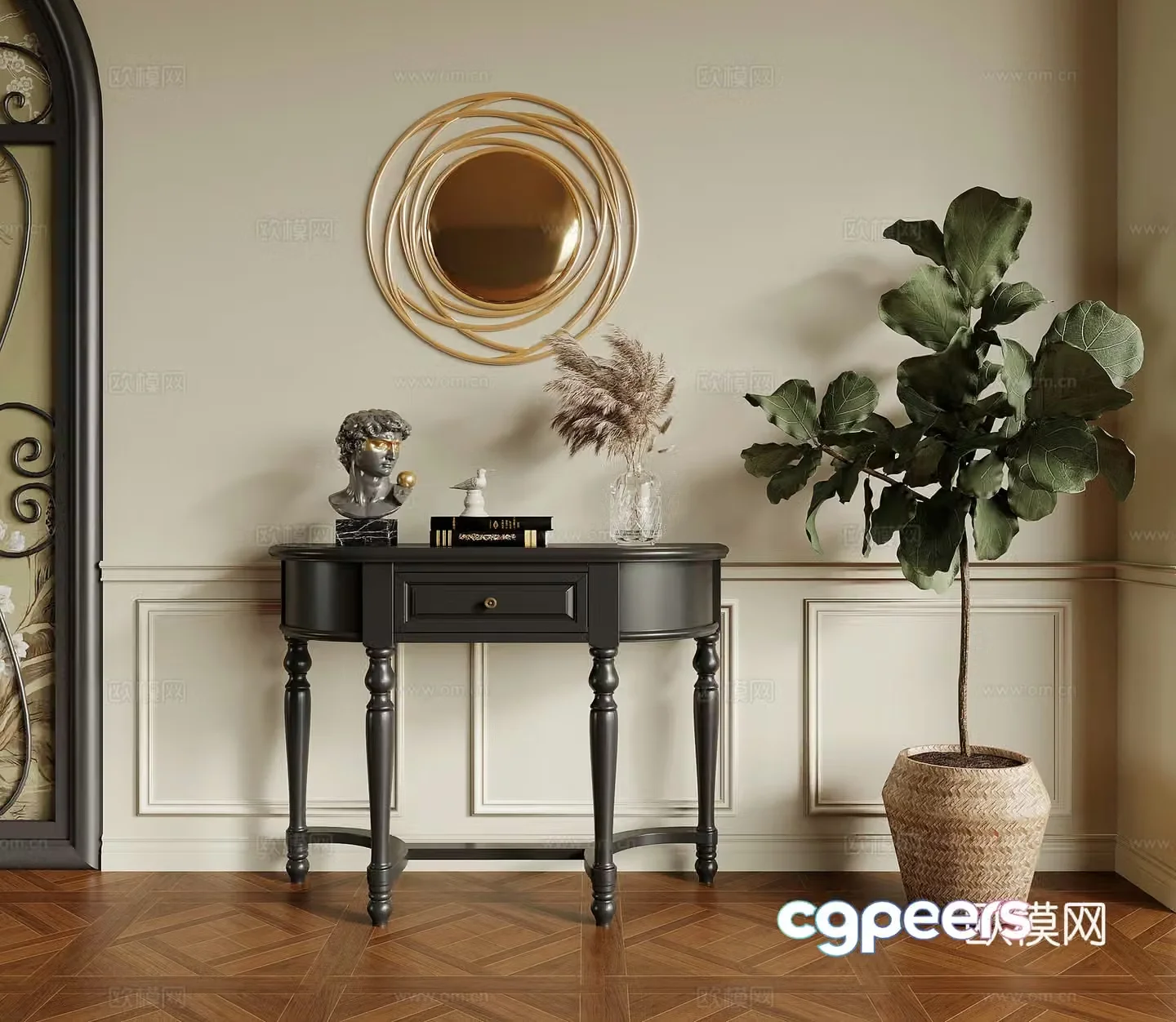 Entrance cabinet French retro style entrance cabinet end view cabinet potted green plants 3D model