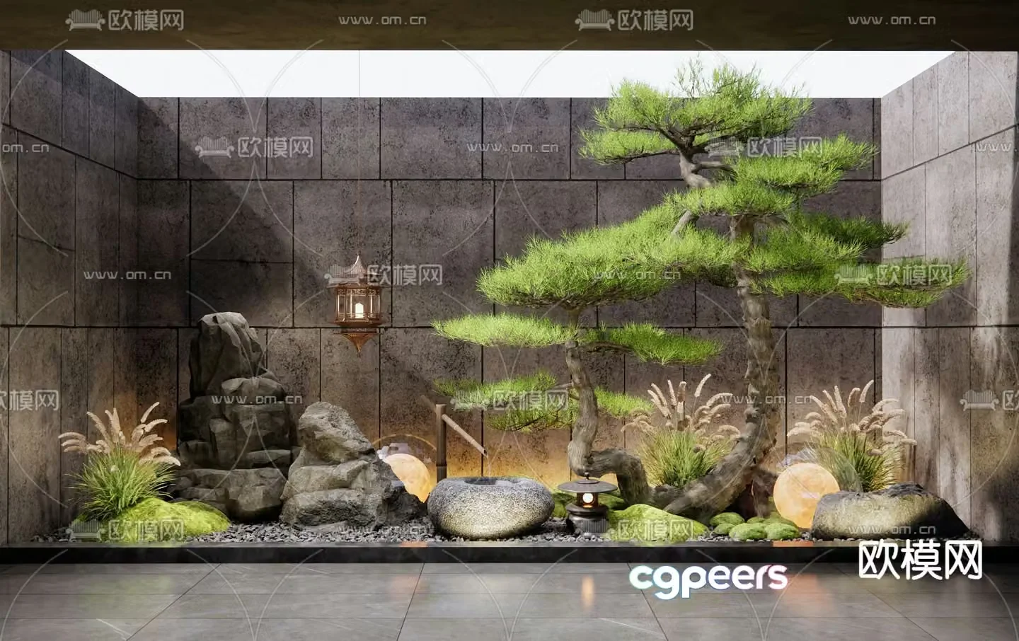 Patio courtyard landscape sketch pine tree landscaping 3D model