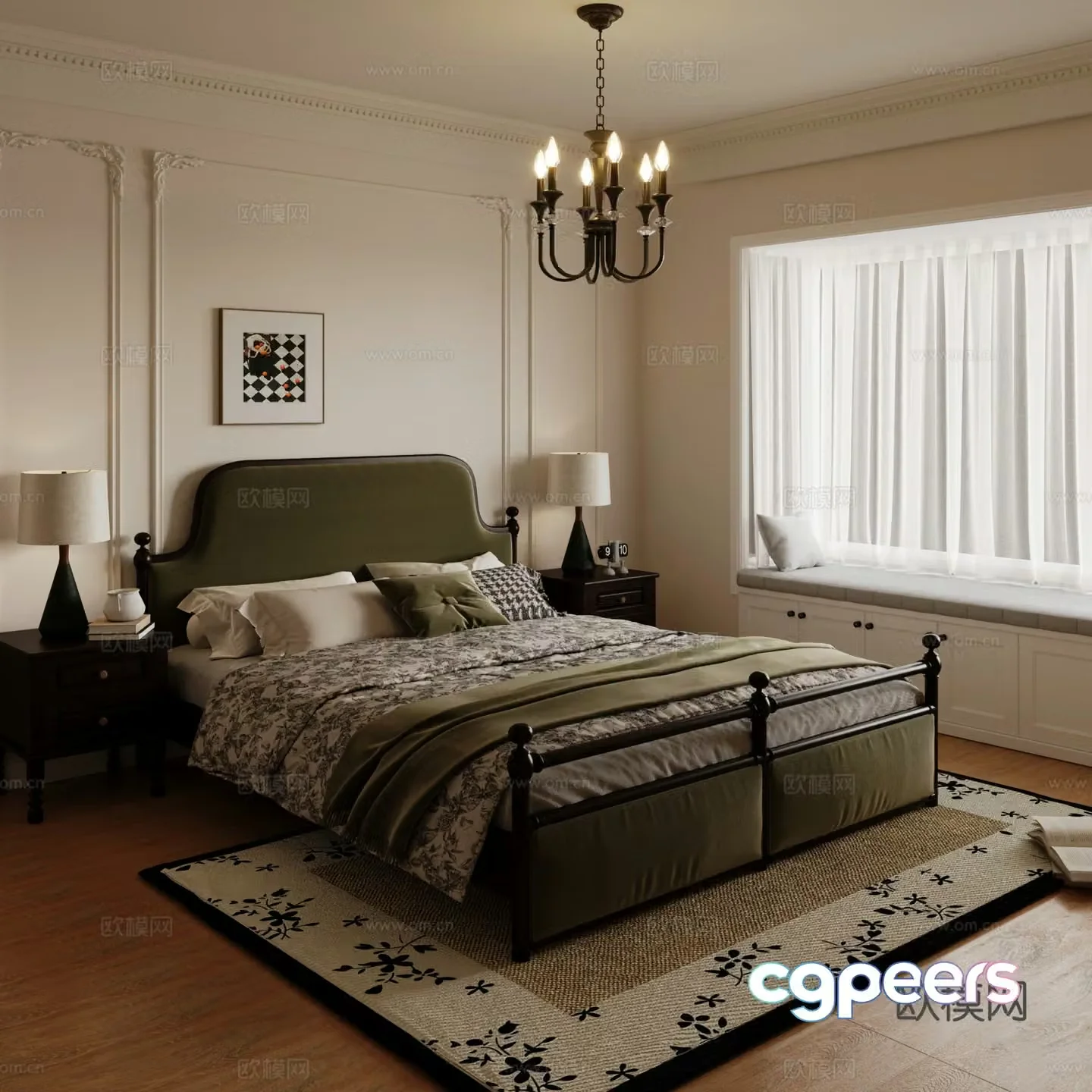 Middle French bedroom double bed 3d model