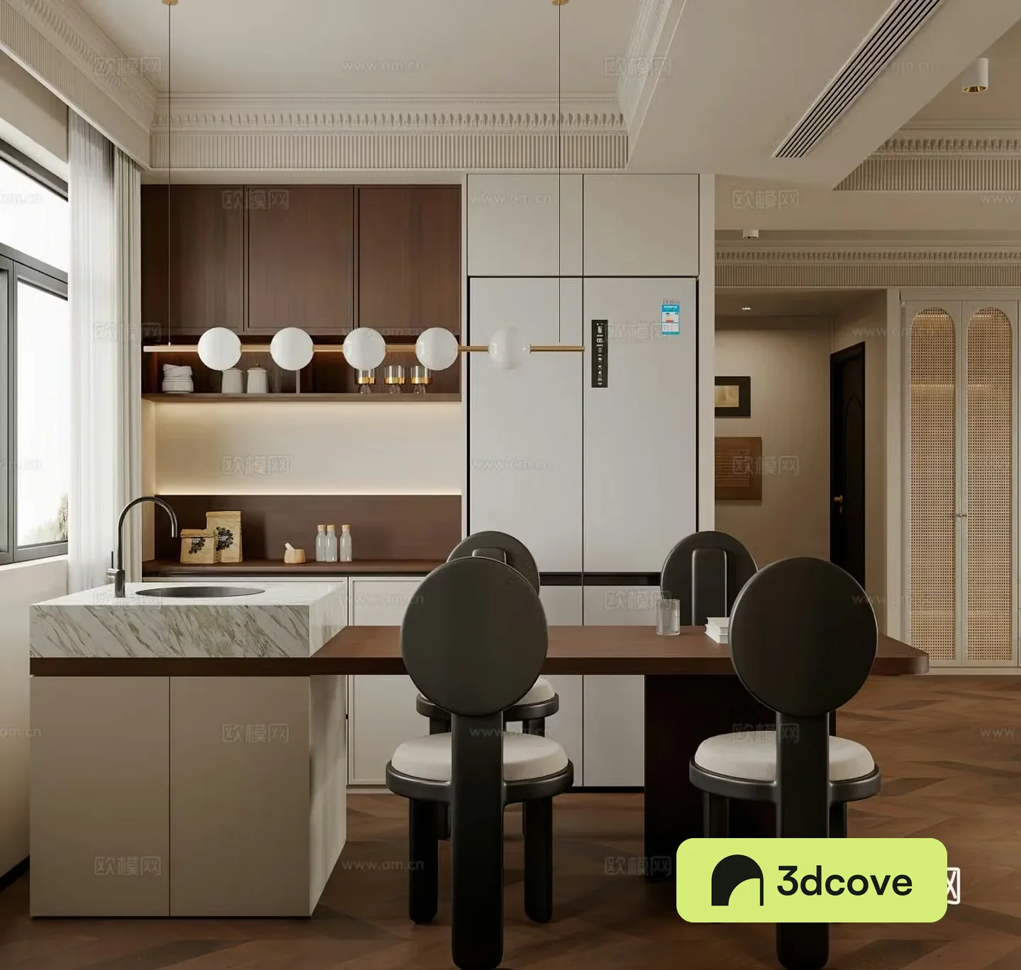 Medium style restaurant French restaurant island dining table bar wine cabinet retro restaurant 3d model