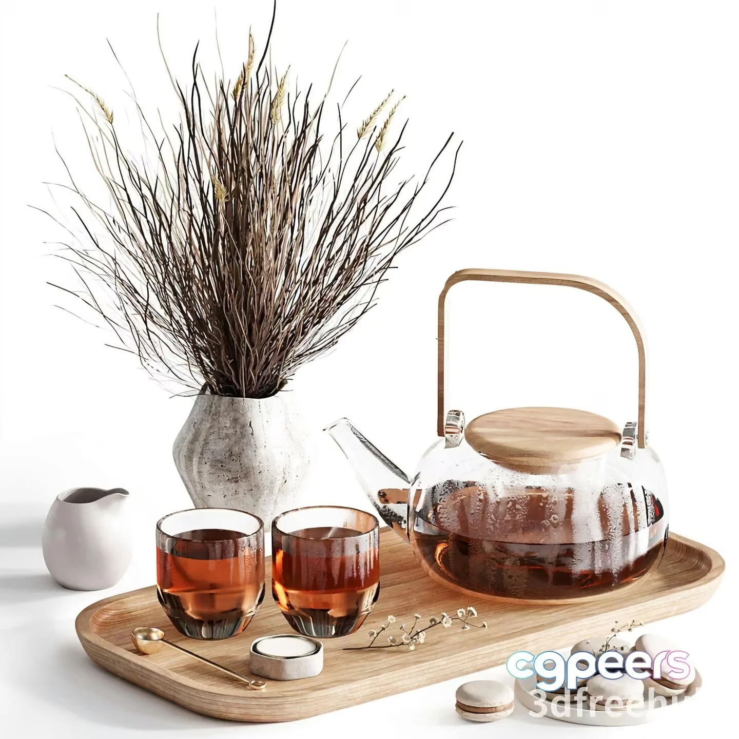 A Wooden Tray With A Teapot And Two Cups 3D Model – 19001 – VRAY Render