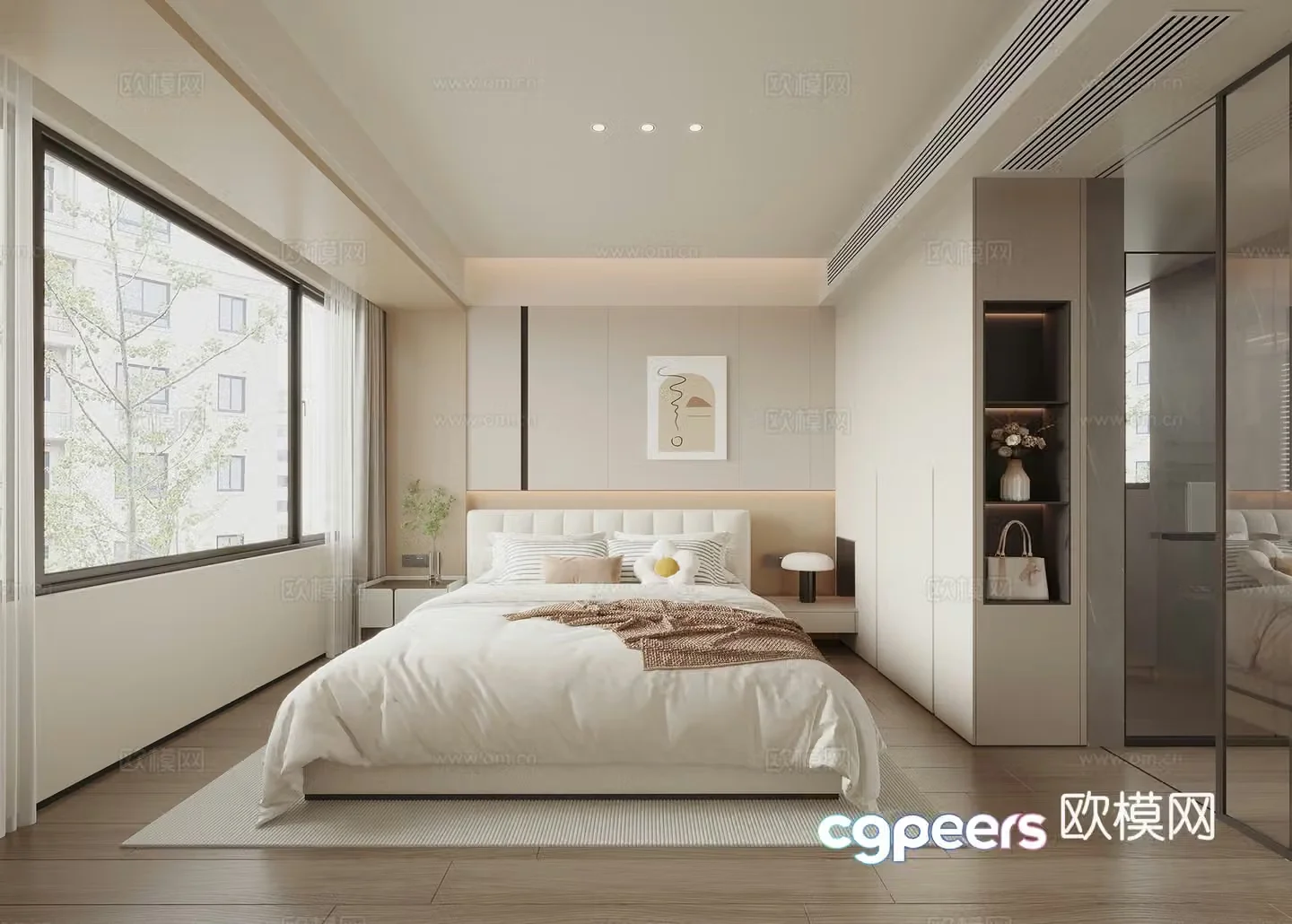 Modern creamy bedroom double bed wardrobe hanging painting bedside background wall 3d model