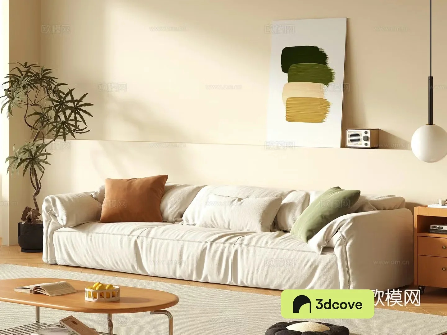 Modern cream style sofa multi-person sofa hanging painting green plants sofa coffee table combination