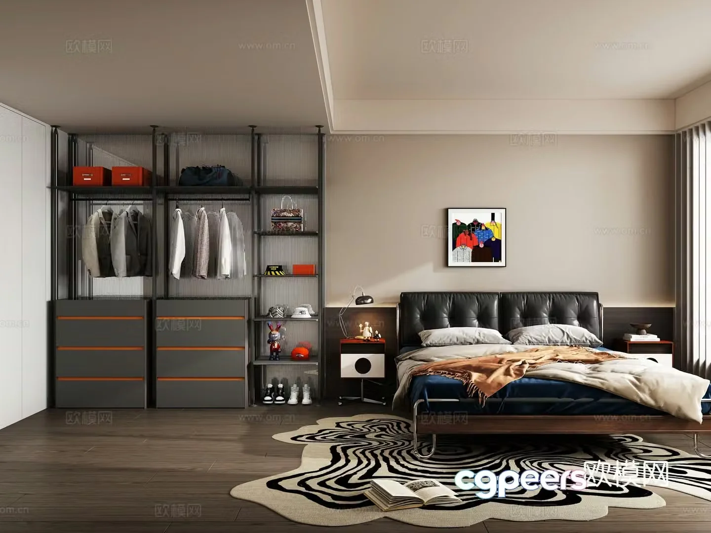 Modern bedroom black leather bed combination wardrobe clothes hat hanging painting bedside table shoes carpet black white gray lying 3D model