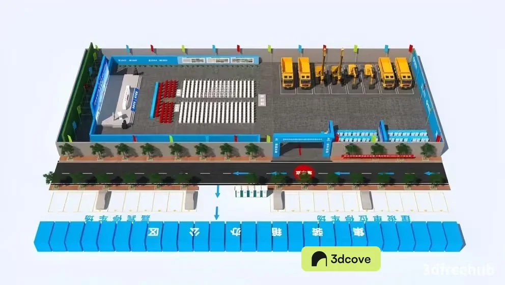A 3D Rendering Of A Building With A Parking Lot And Trucks