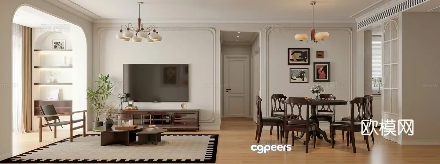 French living and dining room combination sofa TV background wall TV cabinet round dining table medieval style 3D model