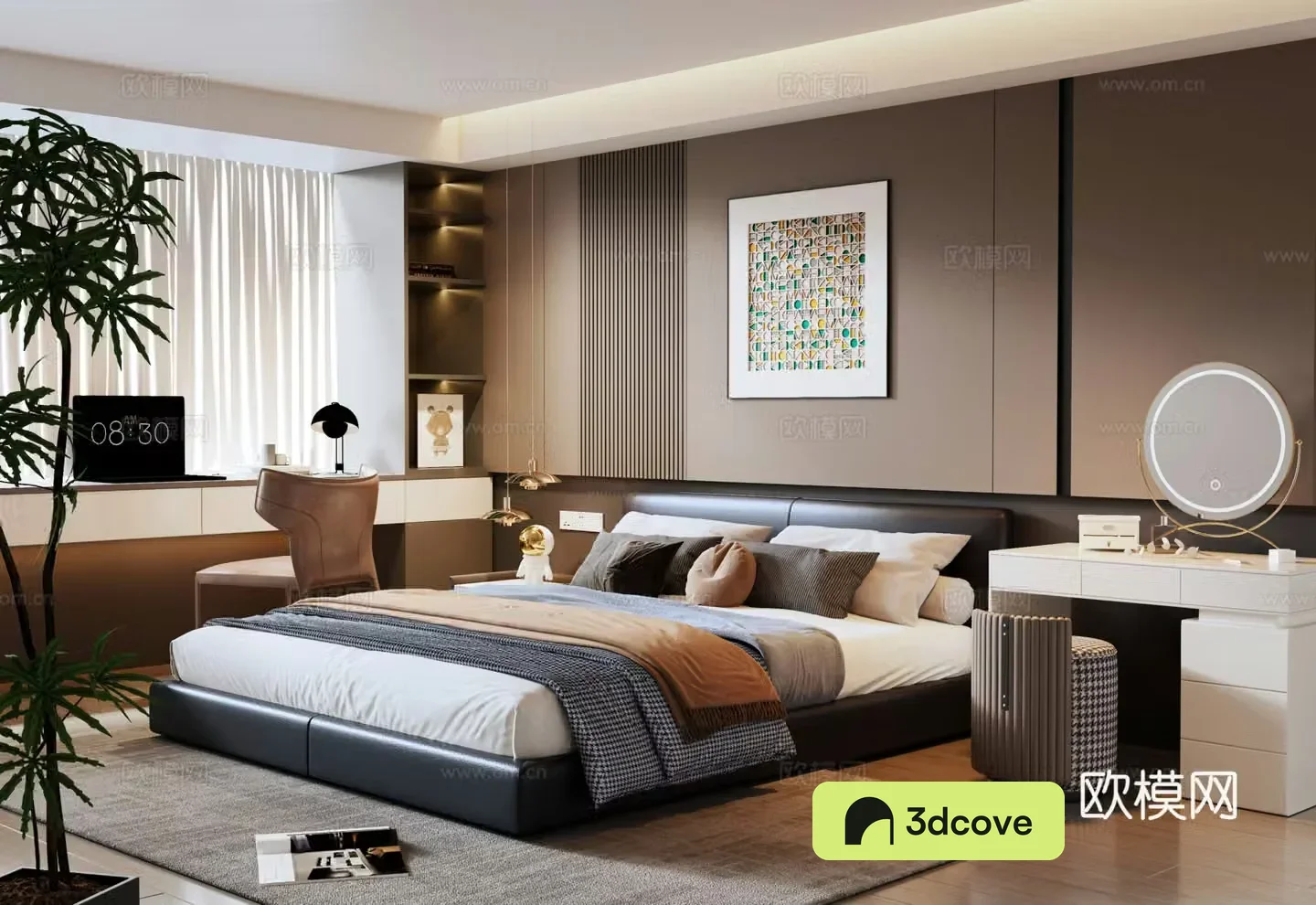 Modern Italian bedroom Italian background wall double bed leather bed makeup table balcony desk