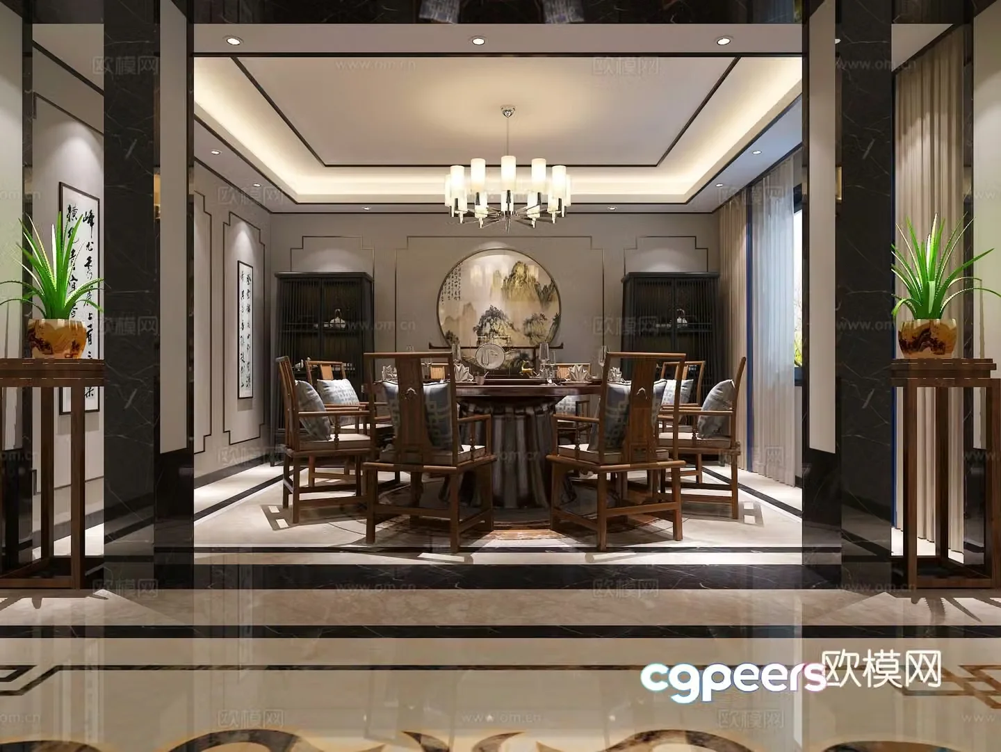New Chinese style living room empty living room Chinese chandeliers dining tables and chairs living room 3D model