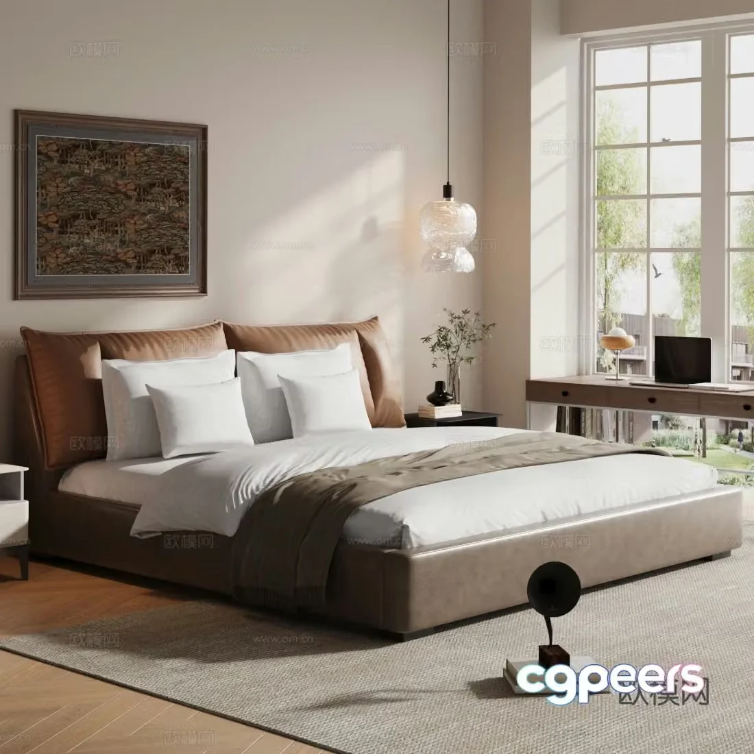 Middle-aged double bed Brown leather bed Leather bed Brown bed Middle-aged master bedroom Master bedroom bed 3D model