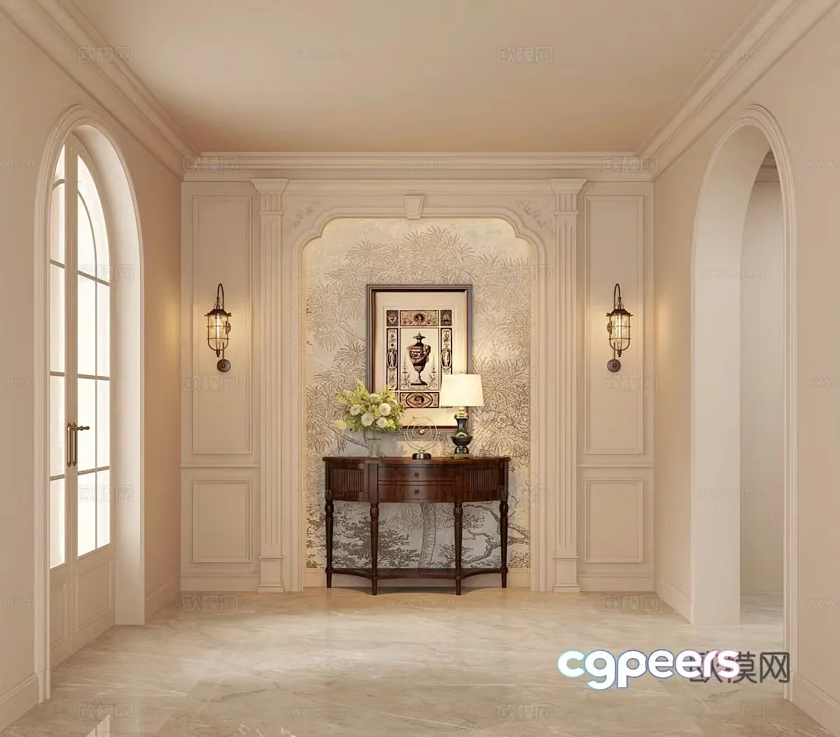 French American style entrance hall door door door door wall porch cabinet wall light 3D model