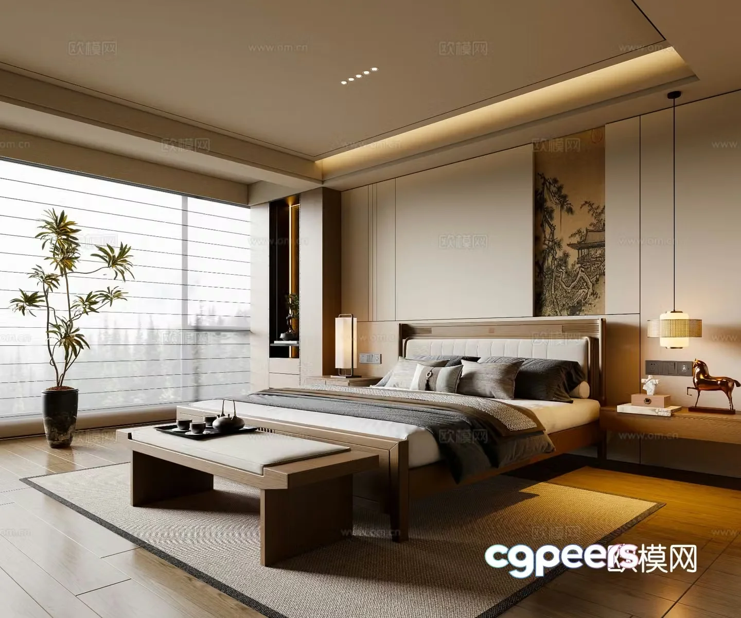 New Chinese style Song style bedroom solid wood double bed bed nightstand chandeliers foot pedal carpet 3d model