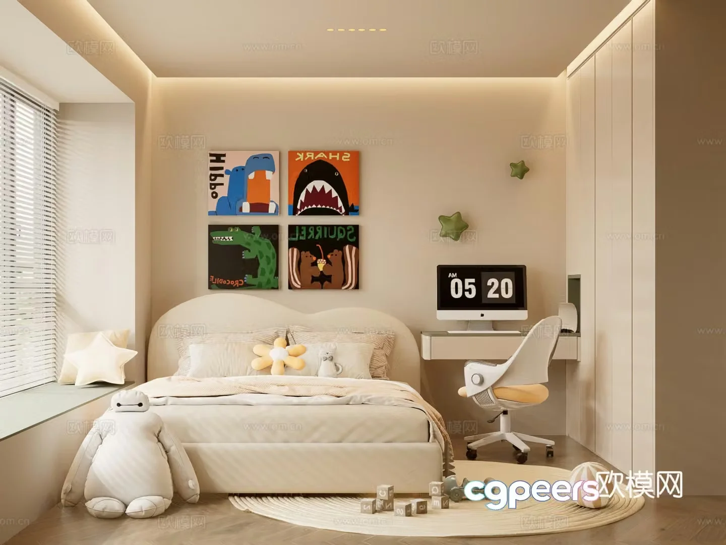 Creamy Bedroom Secondary Bedroom 3D Model
