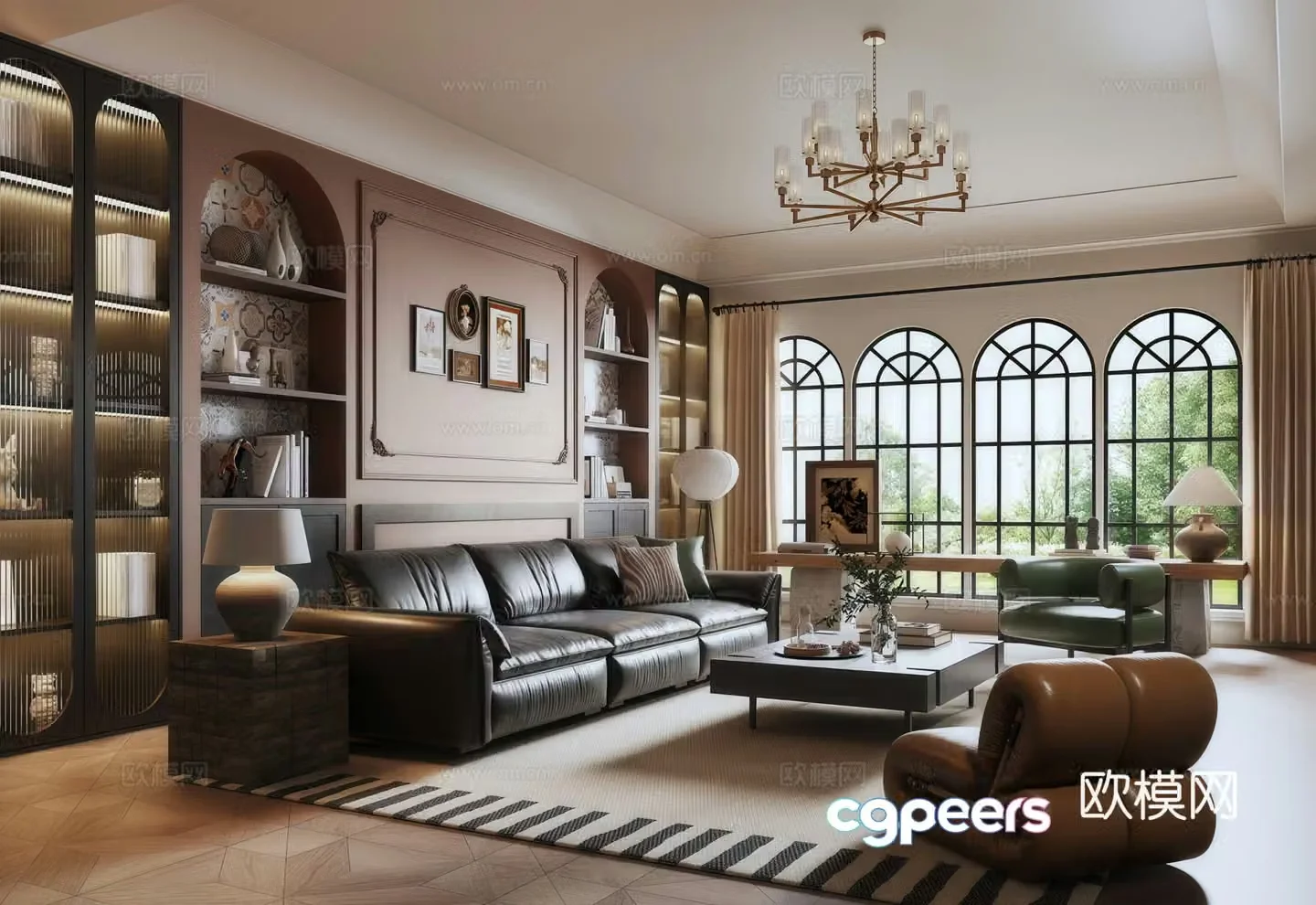 French medieval style living room French sofa background wall chandelier sofa coffee table combination desk lamp 3D model