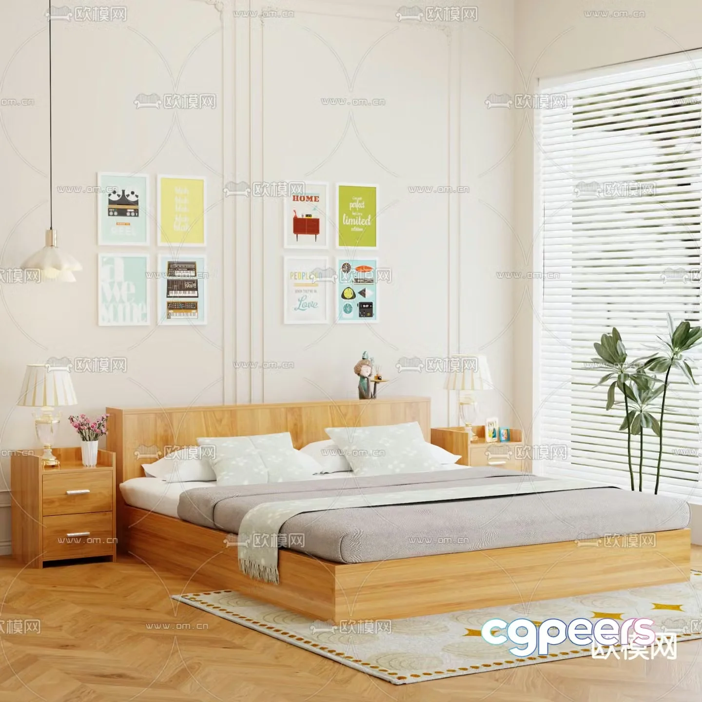Nordic solid wood bed double bed 3d model