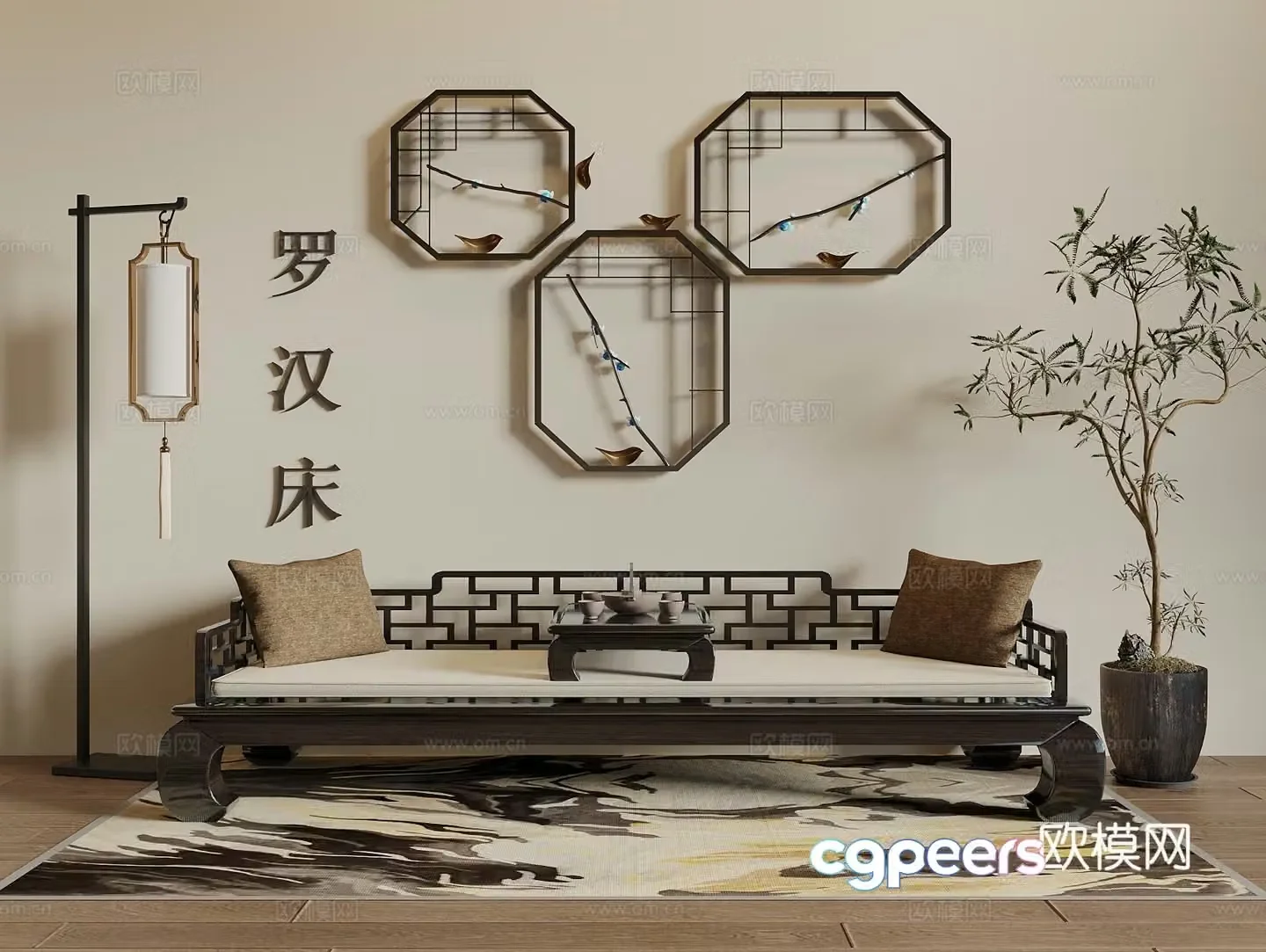 Song style new stroke double sofa Arhat bed floor lamp three-dimensional wall decoration green plant 3D model