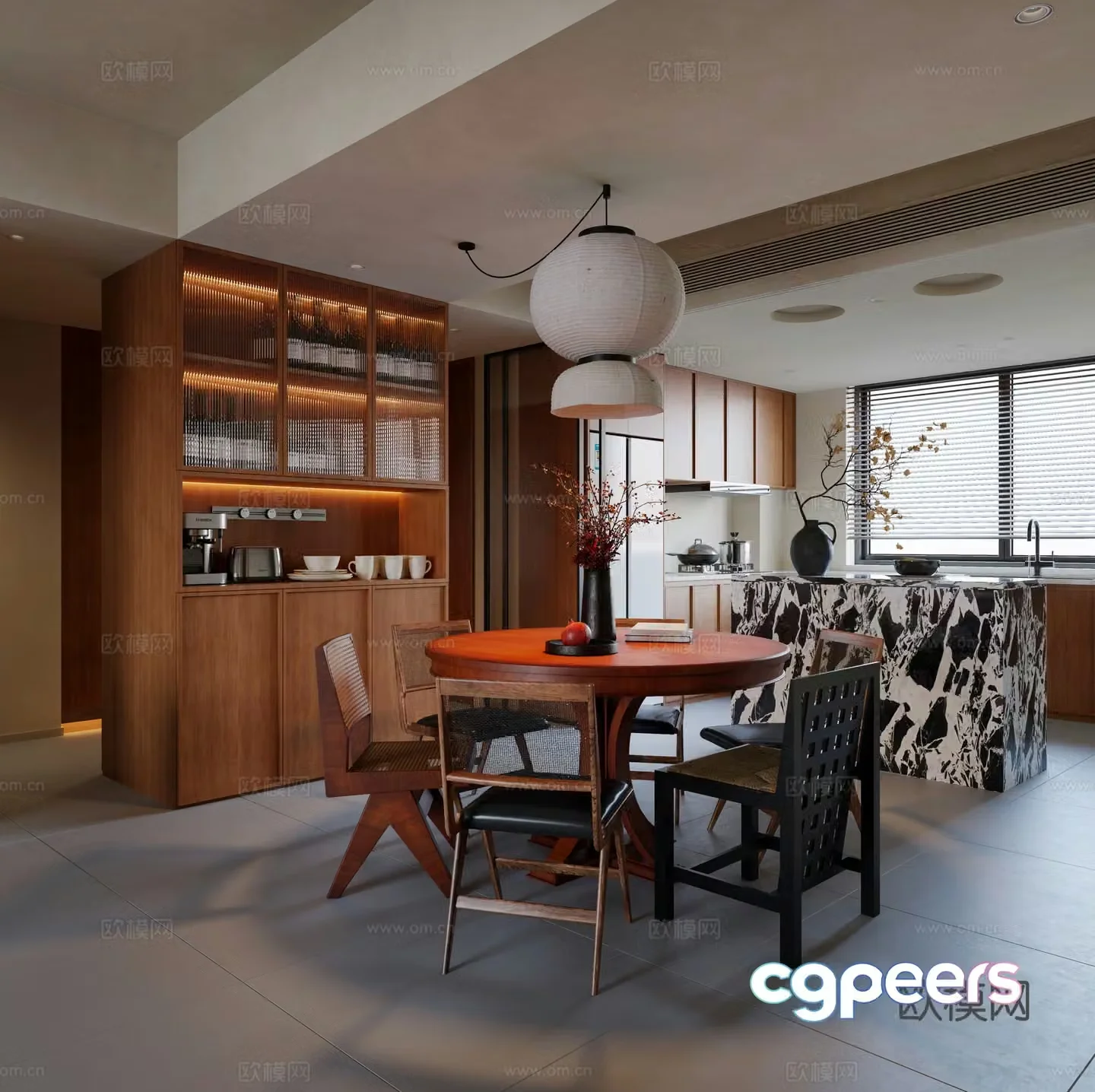 Middle style restaurant Round dining table Wine cabinet Retro restaurant New Chinese style restaurant Middle style kitchen 3D model