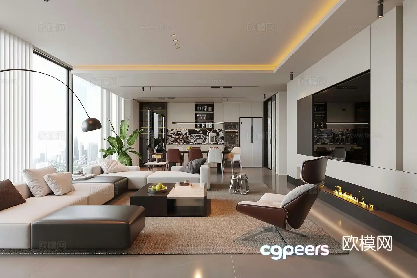 Modern living and dining room living room sofa coffee table combination TV wall 3d model