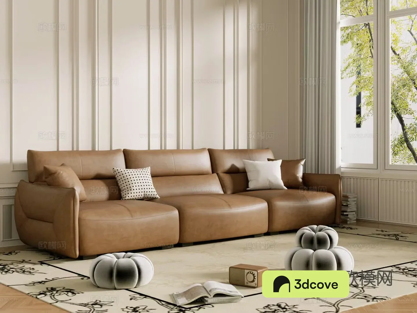 Middle-aged sofa combination coffee table carpet multi-person sofa 3D model