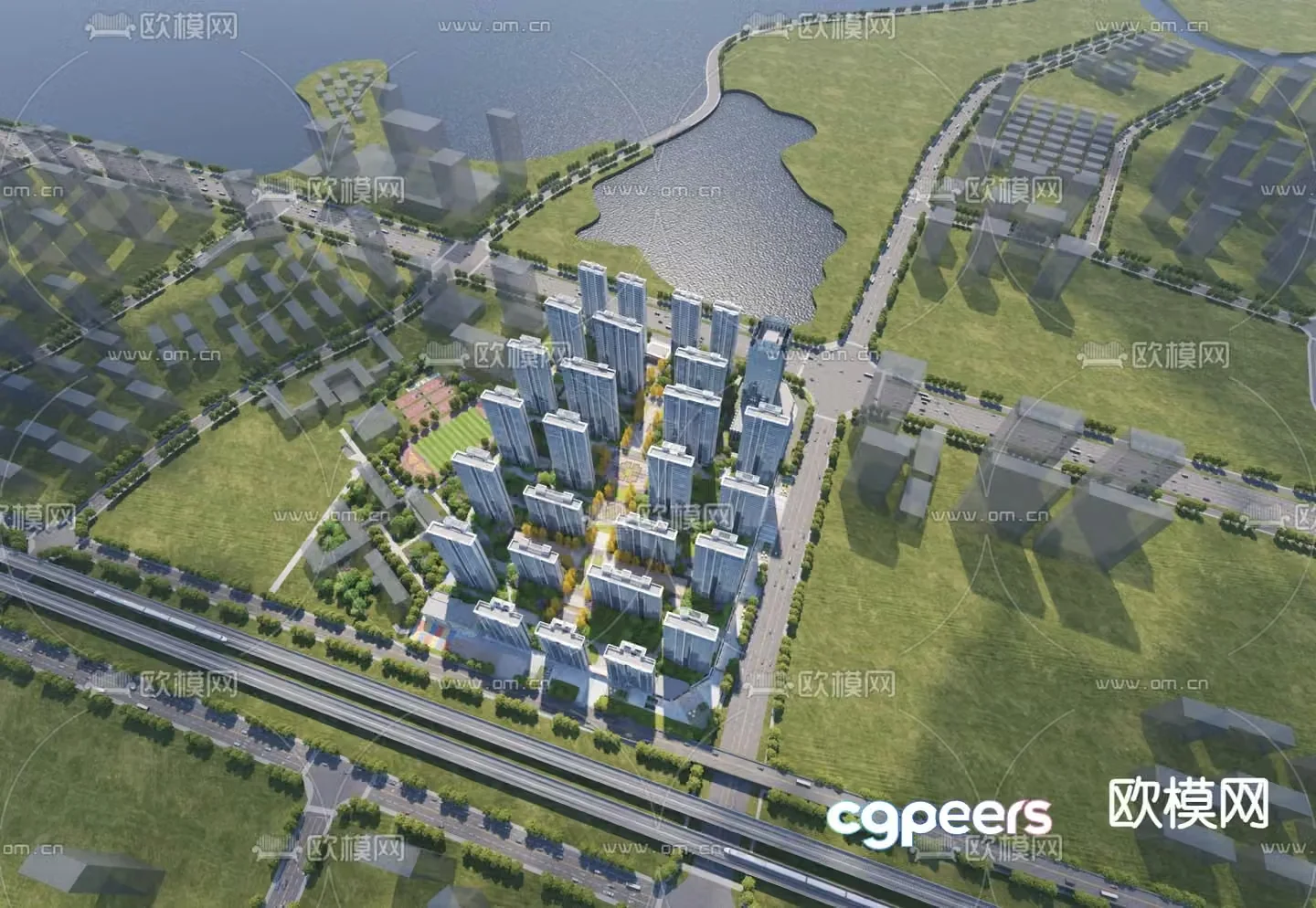 Aerial view planning 3D model of modern residential complex