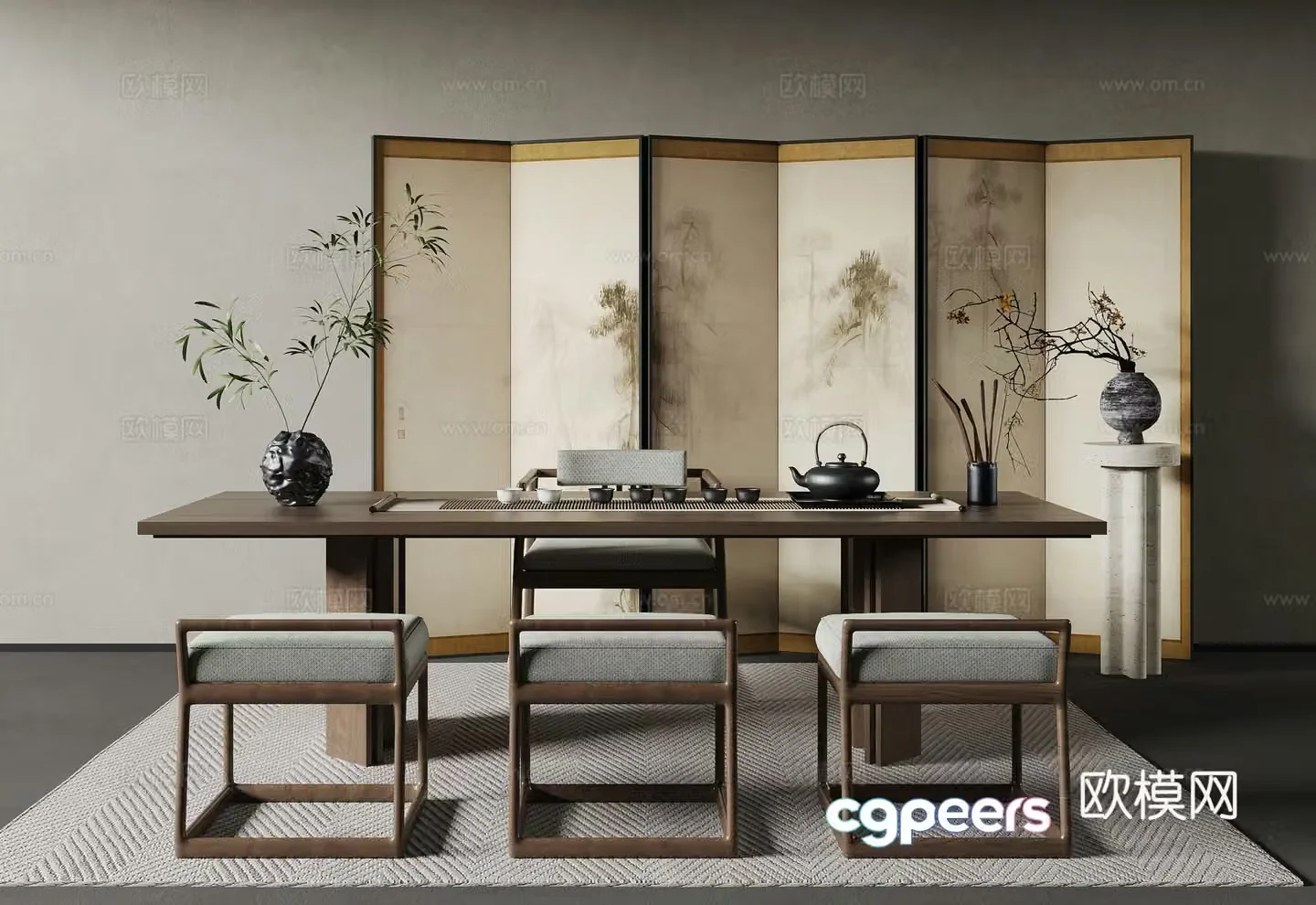 Modern tea table and chair combination screen tea set plant carpet 3d model
