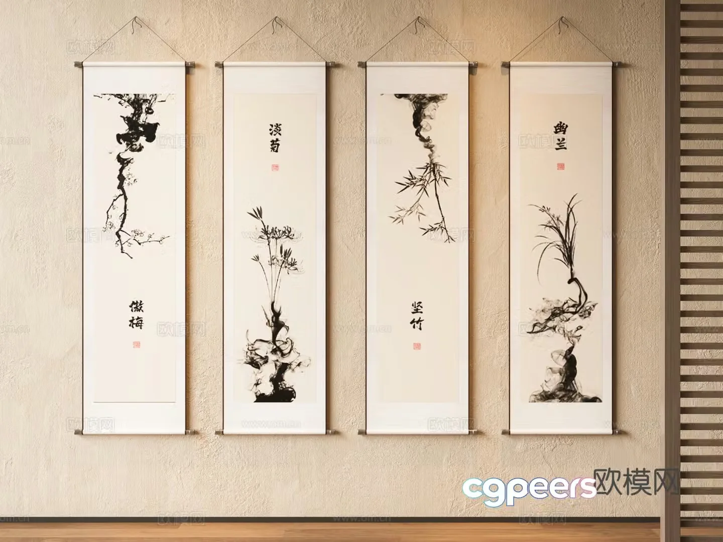 New Chinese style decorative paintings Scroll paintings Quadruple paintings Black and white paintings New Chinese style Zen paintings 3D model