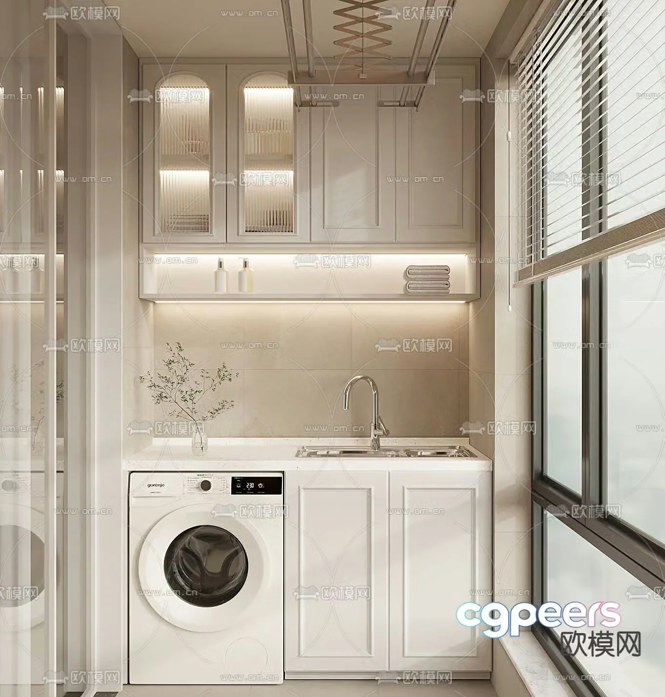 Cream style balcony cabinet washing machine cabinet 3d model