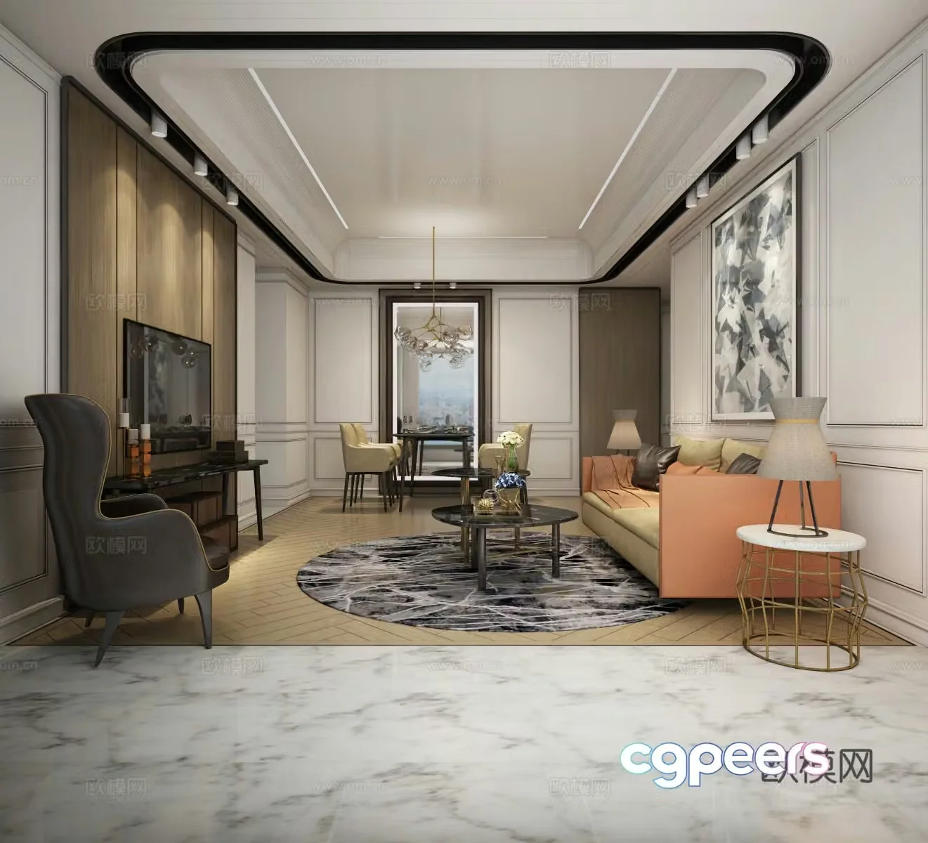 European-style simple living restaurant sofa coffee table TV cabinet chandelier dining table chair 3d model