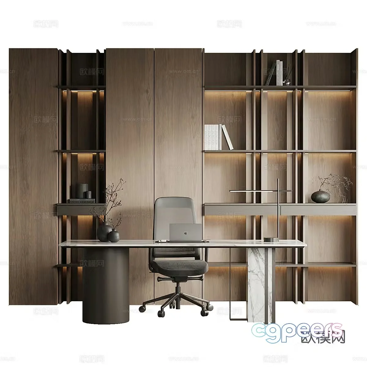 New Chinese style light luxury study room bookcase desk chair combination 3D model