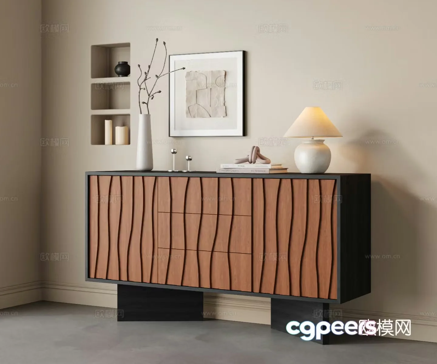 Middle-aged style sea wave porch cabinet Wasabi porch cabinet ornaments side cabinet hanging painting desk lamp 3D model