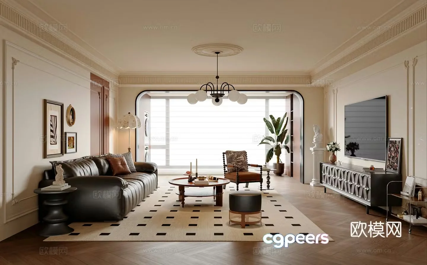 French medieval style living room finished TV cabinet sofa and coffee table combination leisure chair pier 3D model of hanging paintings